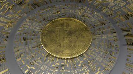 Gold Bitcoin on black background and futuristic golden printed circuit. Digital Currency. Mining 