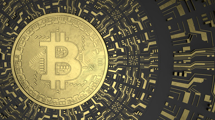 Gold Bitcoin on black background and futuristic golden printed circuit. Digital Currency. Mining 