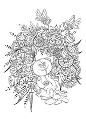 Vector image, coloring book for children and adults. A happy toy bear with candy sits in a flower bed. Two beautiful birds sit on flowers. The picture can be used to apply to the fabric.