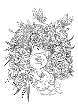 Vector image, coloring book for children and adults. A happy toy bear with candy sits in a flower bed. Two beautiful birds sit on flowers. The picture can be used to apply to the fabric.