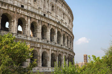 Obraz premium Detail of the Colosseum, known as Amphitheatrum Flavium, symbol of the city of Rome, of Italy and one of the seven wonders of the world. In ancient times it was used for gladiatorial shows.