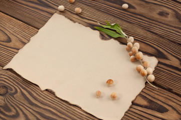 Raw olives on twig with green leaves near blank burnt paper on old rustic wooden table