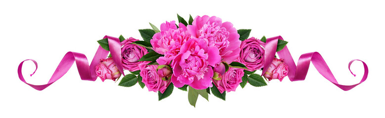 Pink peonies, rose flowers and satin ribbons in a line floral arrangement