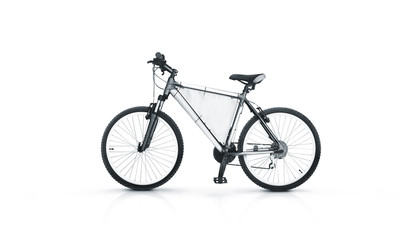 Blank white sport bicycle with ad banner mock up, isolated. Clear bike for rent witn pennant in...