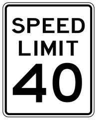 Panneau routier américain aux Etats Unis d'Amérique : limite de vitesse à 40 mp/h