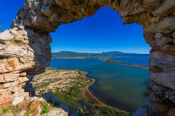 Old Navarino Castle looking over the Pylos bay in Gialova, Peloponnese, Greece.