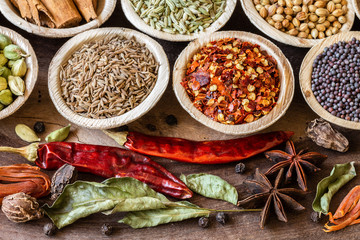 Group of Indian spices in coconut bowls on wooden background close-up.