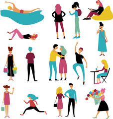 a flat collection of vectors. people in different poses. people on vacation, in the store, on the street