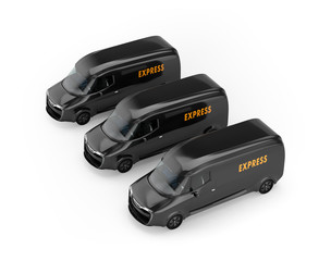 Fototapeta premium Fleet of black electric powered delivery vans isolated on white background. 3D rendering image.