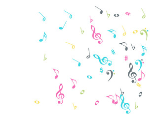 Music Notes Confetti Falling Chaos Vector. Music Symbols Texture Poster Background Elements. Party Night, Festival, Celebration or Concert, Melody Notes Trail. Decorative Song Sheets Chaos Effect.