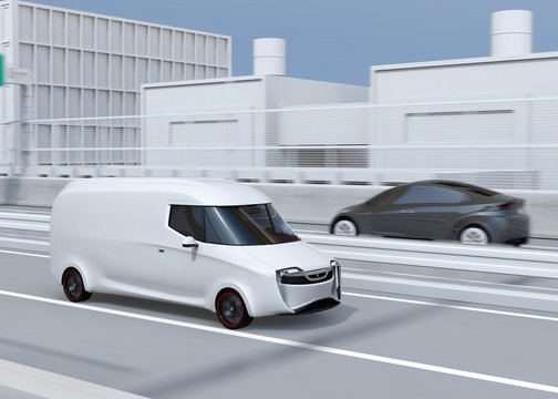 White self-driving delivery van driving on highway. Copy space on side body. 3D rendering image.