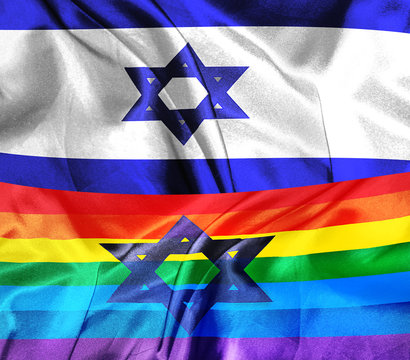 Star of David on a blue and white israeli flag and rainbow colored LGBT flag