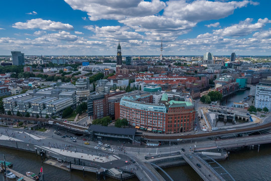 Aerial View on Elbphilharmonie in Hamburg. Summer city landscape.