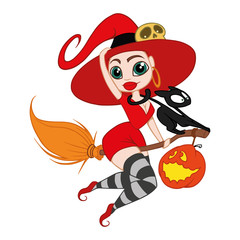 vector illustration witch on broom with cat