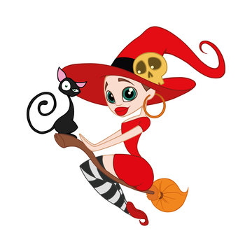 vector illustration witch on broom with cat