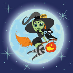 Naklejka premium witch flying on a broomstick with a black cat