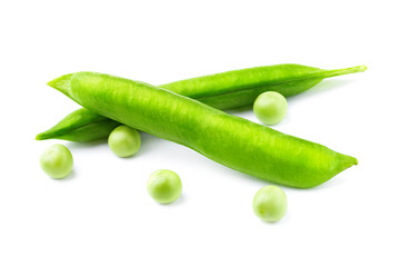 Two pods of peas on white