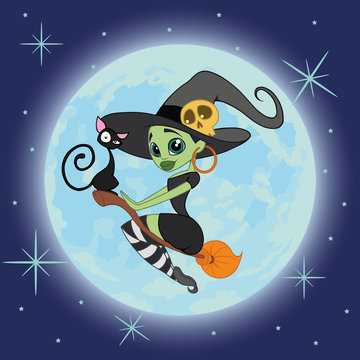 witch flying on a broomstick with a black cat