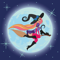 vector clipart sexy witch with cat on broom on moon background. Background Halloween