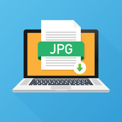 Download JPG button on laptop screen. Downloading document concept. File with JPG label and down arrow sign. Vector illustration.