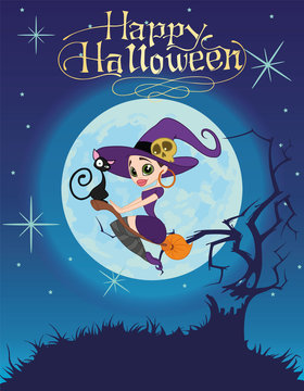 vector clipart sexy witch with cat on broom on moon background. Background Halloween