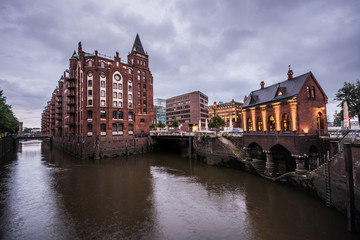 Warehouse district of Hamburg (Speicherstadt) at night. Panorama.