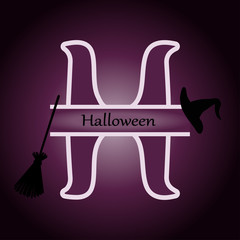 Monogram Halloween, hat, broom on purple background
