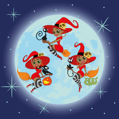 Naklejka premium set of beautiful sexy witches in the background of the moon. vector illustration