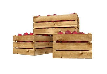 3D render of pomegranate in wooden box. Isolated on white background.