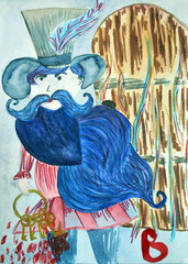 Watercolor ariginal work of magic hand drawn character design of Bluebeard and keys