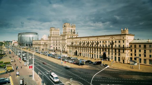 Minsk, Belarus. Two Famous Buildings Towers - Gates Of Minsk, Station Square. Soviet Heritage