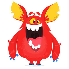 Cartoon red monster character with big ears. Monster troll illustration with surprised expression. Shocking pink gremlin mascot design