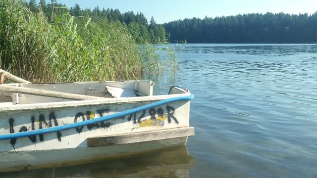 small boat moored to the lake, reeds, clean water