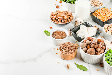 Healthy diet vegan food, veggie protein sources: Tofu, vegan milk, beans, lentils, nuts, soy milk, spinach and seeds. Top view on white table.