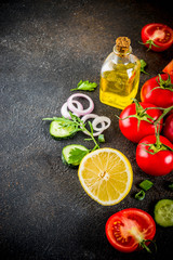 Cooking background, fresh salad ingredients, italian cuisine - tomatoes, olive oil, lemon, cucumbers, arugula, parsley, onions, Dark rusty background copy space