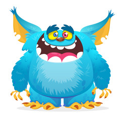 Happy cartoon monster smiling. Halloween vector blue monster 