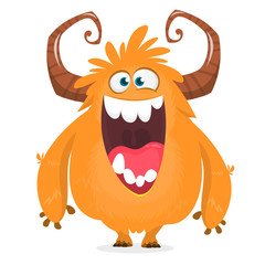 Happy cartoon monster. Halloween vector orange and horned monster. 