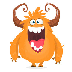 Happy cartoon monster. Halloween vector orange and horned monster. 