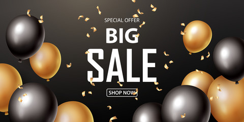 Sale banner with black and gold floating balloons. Vector illustration.