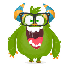 Cartoon green monster nerd wearing glasses. Vector illustration isolated