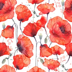Wall murals Poppies Watercolor seamless pattern with wild red poppies