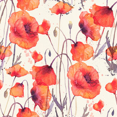 Watercolor seamless pattern with wild red poppies, vintage background