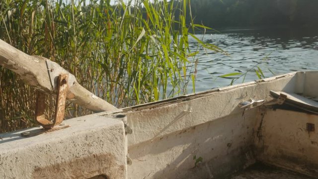 wooden oar in an old boat moored to the shore of the lake