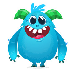 Happy cartoon monster. Halloween vector blue and horned monster