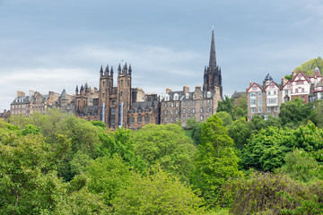 Fototapeta na wymiar Cityscape Scottish Edinburgh seen from Princes Street Gardens in springtime