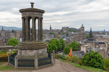 Greek monument at Calton Hill with aerial view at Edinburgh in Scotland