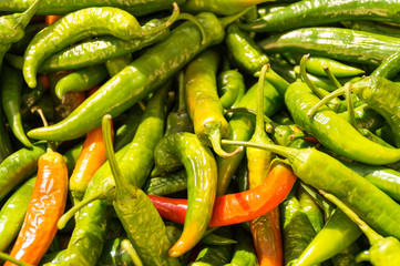 Green and red chili peppers on a market in Sineu, Mallorca