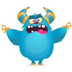 Scared cartoon blue monster waving. Vector cute monster mascot illustration for Halloween © drawkman