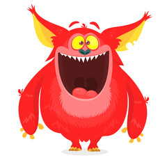 Cartoon red monster. Monster troll illustration with surprised expression. Shocking pink gremlin mascot design. Vector Halloween illustration
