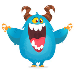 Cartoon pleased funny monster dancing. Halloween vector illustration of funny troll or gremlin